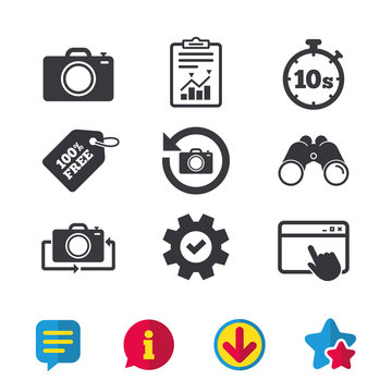 Photo camera icon. Flip turn or refresh signs.