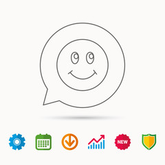 Smile icon. Positive happy face sign. Happiness and cheerful symbol. Calendar, Graph chart and Cogwheel signs. Download and Shield web icons. Vector
