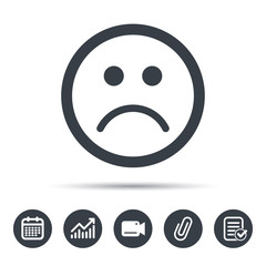 Sad smiley icon. Bad feedback symbol. Calendar, chart and checklist signs. Video camera and attach clip web icons. Vector