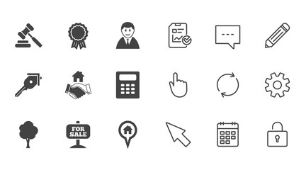 Real estate, auction icons. Handshake, for sale.