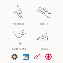 Fishing, figure skating and bobsled icons. Ski jumping linear sign. Calendar, Graph chart and Cogwheel signs. Download colored web icon. Vector