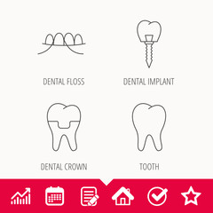 Dental implant, floss and tooth icons. Dental crown linear sign. Edit document, Calendar and Graph chart signs. Star, Check and House web icons. Vector