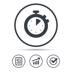 Stopwatch icon. Timer or clock device symbol. Report document, Graph chart and Check signs. Circle web buttons. Vector