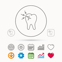 Toothache icon. Dental healthcare sign. Calendar, Graph chart and Cogwheel signs. Download and Heart love linear web icons. Vector