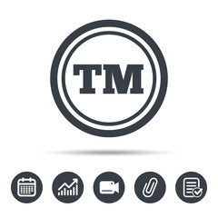 Registered TM trademark icon. Intellectual work protection symbol. Calendar, chart and checklist signs. Video camera and attach clip web icons. Vector