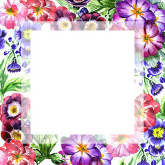 Wildflower viola flower frame in a watercolor style isolated.