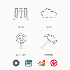 Hammer, lab bulbs and weather cloud icons. Lolly pop linear sign. Calendar, Graph chart and Cogwheel signs. Download colored web icon. Vector