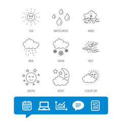 Weather, sun and rain icons. Moon night, clouds and mist linear signs. Wind, cloudy day and water drops flat line icons. Report file, Graph chart and Chat speech bubble signs. Vector