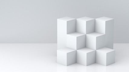 White cube boxes with white blank wall background for display. 3D rendering.
