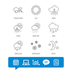 Weather, sun and rain icons. Moon night, clouds linear signs. Strong wind, snowflakes and water drops flat line icons. Report file, Graph chart and Chat speech bubble signs. Vector