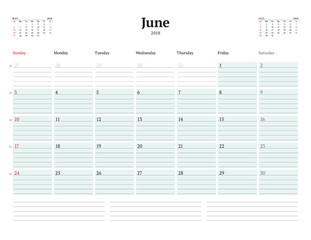 Vector Calendar Planner Template for 2018 Year. June. Stationery Design. Week starts on Sunday. 3 Months on the Page. Vector Illustration
