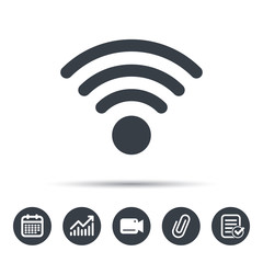 Wifi icon. Wireless internet sign. Communication technology symbol. Calendar, chart and checklist signs. Video camera and attach clip web icons. Vector