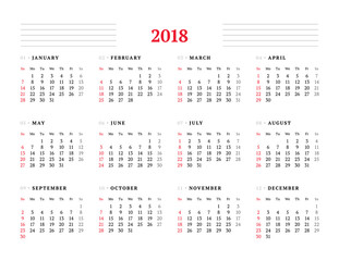Calendar for 2018 year on white background. Vector design print template. Week starts on Sunday. Stationery design