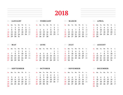 Calendar for 2018 year on white background. Vector design print template. Week starts on Sunday. Stationery design
