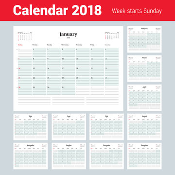 Vector Calendar Planner Template for 2018 Year. Stationery Design. Week starts on Sunday. Set of 12 Months. Vector Illustration