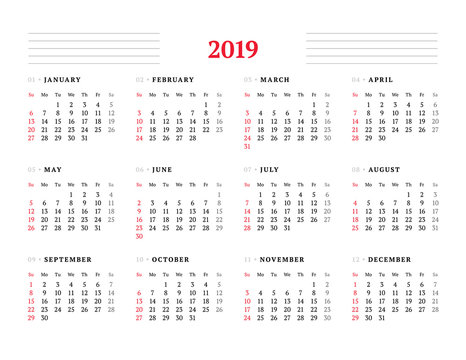 Calendar for 2019 year on white background. Vector design print template. Week starts on Sunday. Stationery design