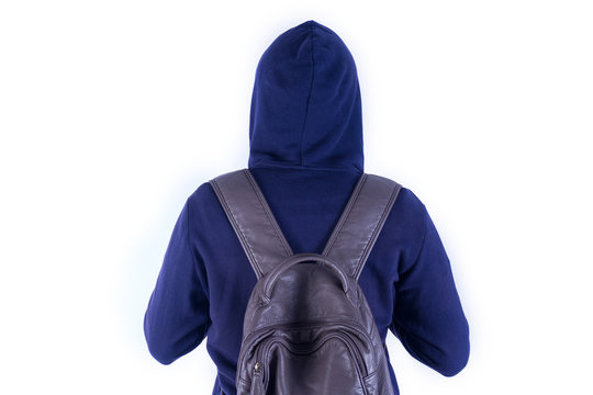 Man with backpack on white background