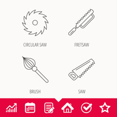Fretsaw and repair tools icons. Circular saw and brush linear signs. Edit document, Calendar and Graph chart signs. Star, Check and House web icons. Vector