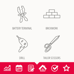 Wall, battery terminals and scissors icons. Drill tool linear sign. Edit document, Calendar and Graph chart signs. Star, Check and House web icons. Vector