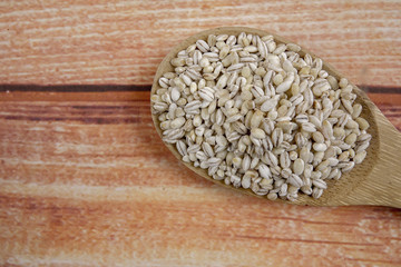 Organic barley grains on a wooden spoon over wooden background.