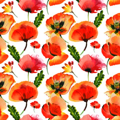 Wildflower poppy flower pattern in a watercolor style isolated.