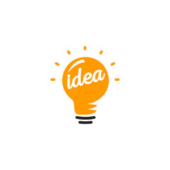 Stylized sign of vector lightbulbs, white and orange color logotype. New idea symbol, flat bright cartoon bulb. Idea icon, circle logo.