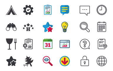 Food, hotel, camping tent and tree signs.