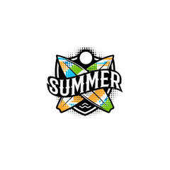 Summer colorful modern logo in a sports style. 2 surf, sun and text on the shield. Vector illustration. Holiday element design poster