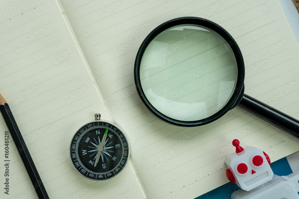 Aufkleber seo search engine optimization website analysis concept with pencil, compass, robot and magnifying g