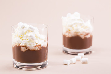 Two glasses of cocoa with whipped cream and marshmallows