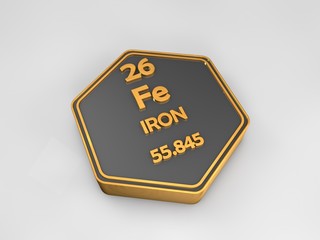 iron - Fe - chemical element periodic table hexagonal shape 3d render