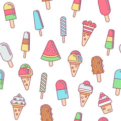 Sweet ice cream flat colorful seamless pattern, vector stock illustration isolated on white background. Different kinds of ice cream in linear design