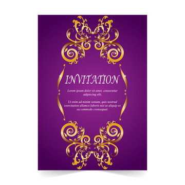 Invitation card, wedding card with ornamental on purple background