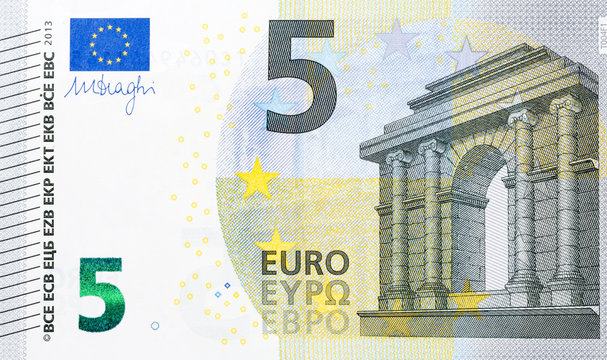 Macro detailed text on a 5 euro banknotes.