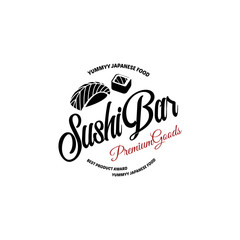 Vector logo and emblem for restaurants of Japanese food in a retro style with lettering and icon and shape of sushi, roll.