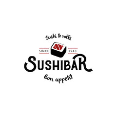 Vector logo and emblem for restaurants of Japanese food in a retro style with lettering and icon and shape of sushi, roll.