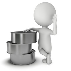 Man stand near aluminium can. 3D render of metal canned food isolated on white.