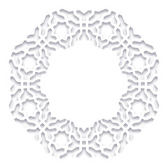 Paper cut out vector illustration. 3D round white frame, vignette. Islamic geometric border. Vector muslim, persian motif. Elegant oriental ornament. Mosque decoration. Element for greeting cards.