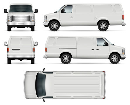Panel van vector template for car branding and advertising. Isolated truck on white background. All layers and groups well organized for easy editing and recolor. View from side, front, back, top.