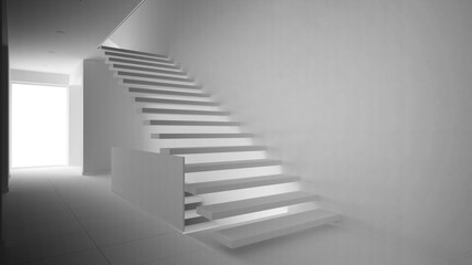Total white project of modern entrance hall with wooden staircase, minimalist interior design