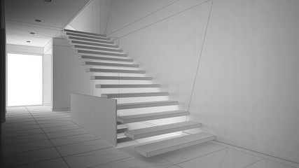 Unfinished project of modern entrance hall with wooden staircase, sketch abstract interior design