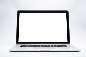 Laptop computer on white background, blank screen