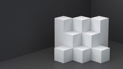 White cube boxes with dark blank wall background for display. 3D rendering.
