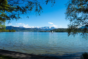 View of Geneva lake and alps at Luzern park.
