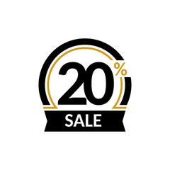 Discount card with 20 percent sale. Advertising Sale vector isolated sign. Promotion Stylish logo design under the black and gold arch.