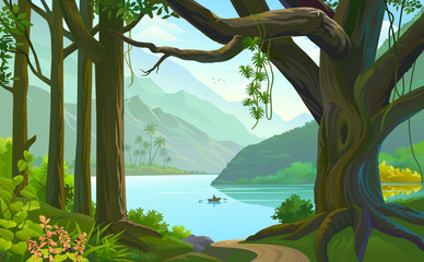 Person rowing a boat in a calm river across a vast green forest
