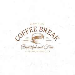Vintage dark coffee emblem, flat retro illustration. Brown and beige colors sign. Stylized stamp of vector lettering drink. Breakfast cafe logo.