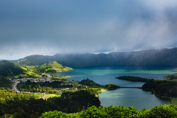 Blue and green lake in volcano craters