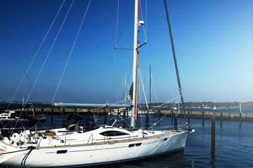 Fototapeta premium View of Beautiful White Yacht. Daylight. Sea Background.