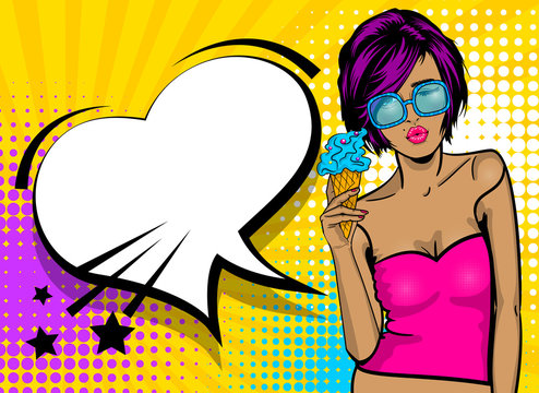 Cartoon vintage poster, colored white kitch cool girl heart sunglasses. Speech bubble comic text vector font illustration. Summer sale banner. Kiss sexy lips lipstick. Pop art style WOW face icecream